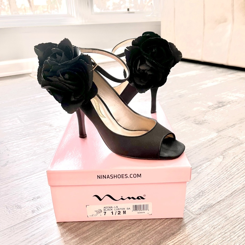 Gorgeous Satin Peep Toe Heels with Flower Detail, Nina Size 7.5